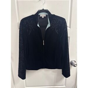 St John Sport Marie Gray Black Velvet Burnout Floral Zip‎ Jacket Petite Small